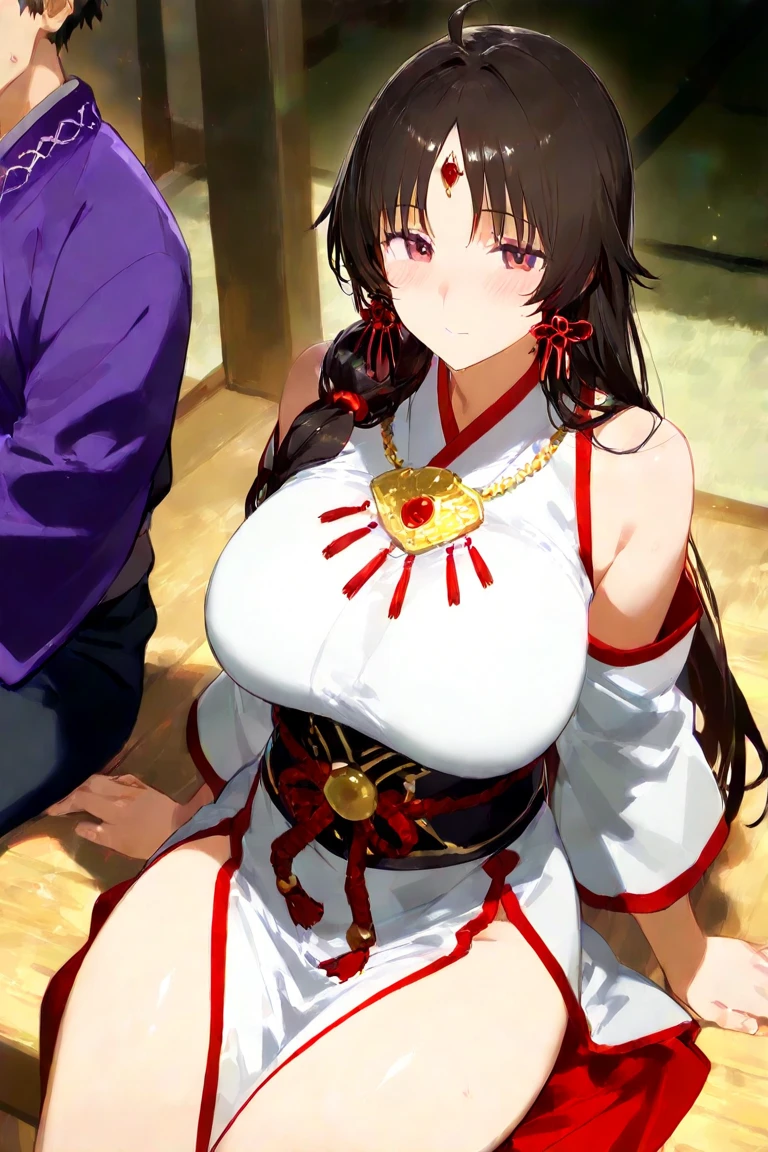 sysdeep_akeno, HD, masterpiece, high resolution,Akeno Himejima, black hair, long hair, purple eyes, big breast, (miko outfit) sexy_body,