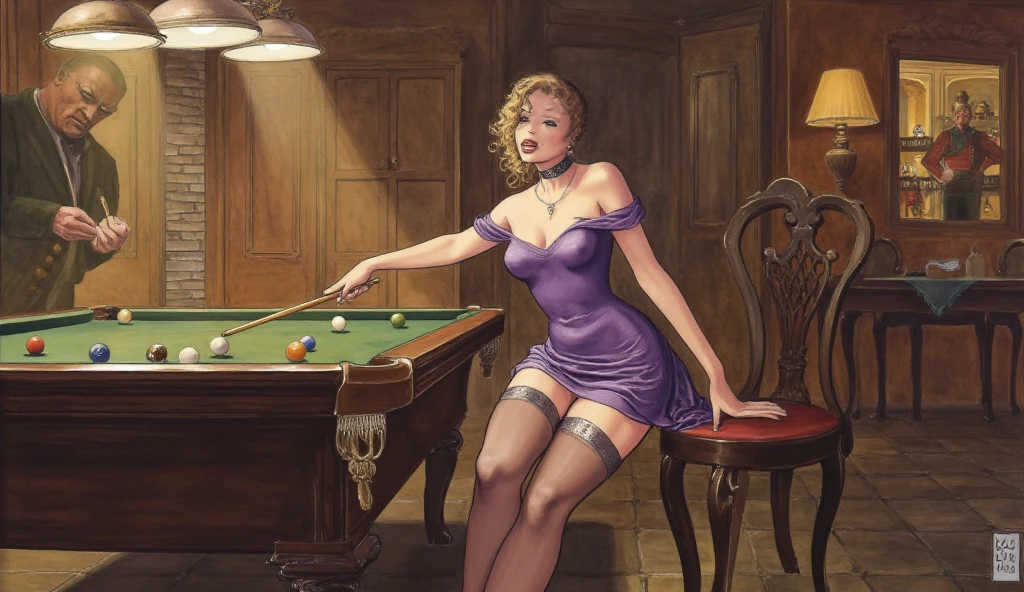 Drawing of a pin-up girl playing billiards, traditional tattoo style