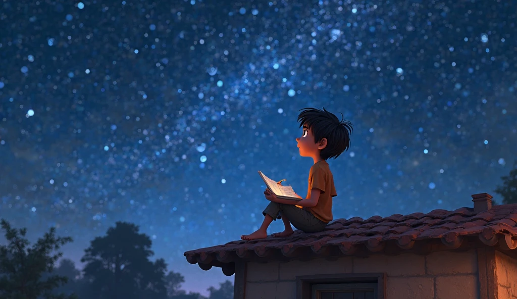 children book design,The man sat under a thick tree, looking up at the starry sky. create a sea background and show a calm breeze . with cinematic color strokes. With title (((hilangkah??:1.5)))