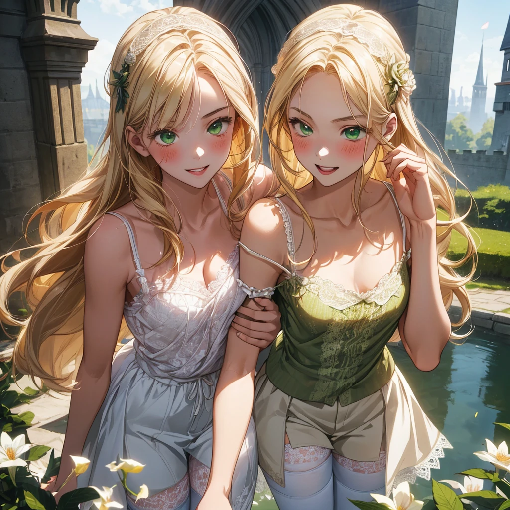(masterpiece, best quality), best resolution, (2heads:1.5), 1girl, teal eyes, blonde hair, blue outfit,identical hair color, waterfall background,