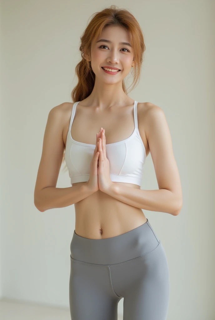 1 girl, National Foundation, (White Background), ((8k, born, masterpiece: 1.4)), (Professional photography, sharp:1.2), Perfect dynamic composition, (Natural light), (Soft Shadows), (Perfect body:1.4, Slim Abs:1.2), ((Japanese hairstyle:1.4,)), Medium Long Hair, Highly detailed face and skin, The perfect Asian, White skin, (Delicate skin:1.3),(Latex Leather:0.4), (Perfectly glowing skin:0.6), Shiraki Yuki, Blonde, Light brown eyes, Beautiful Eyes, My skin feels really moisturized, Exquisite expression, Smiling kindly at the camera, Elegant earrings, wear(Yoga pants),((whole body)),((Long legs)),In the gym,((Real people who practice yoga))