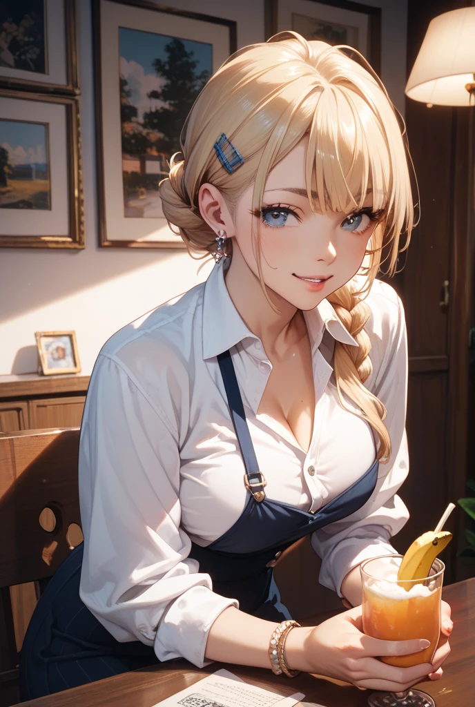 NSFW, (8k, RAW photo, 最high quality, masterpiece:1.2), High-definition RAW color photo, Professional photo shoot, cinematic light, alone, (((young woman))), (detailed expression), (round eyes), (small face), (high detail skin:1.2), clavicle, cute face, beautiful appearance, long eyelashes, (blonde, high ponytail, black eye), (slim body shape:1.4), very detailed顔と肌の質感, fine eyes, double eyelid, joy, (((mysterious smile))), ((facing the front:1.2)), (((bar counter))), ((formal vest, ribbon on white shirt, Colorful cocktails)), ((rows of liquor bottles:1.4, Bartender Woman)), beautiful skin, shiny skin, perfect fingers, five fingers, anatomically correct, background bokeh, high quality, surreal, bright colors, ((Nikon, 135㎜, f/1.8, very detailed, photo shoot)),