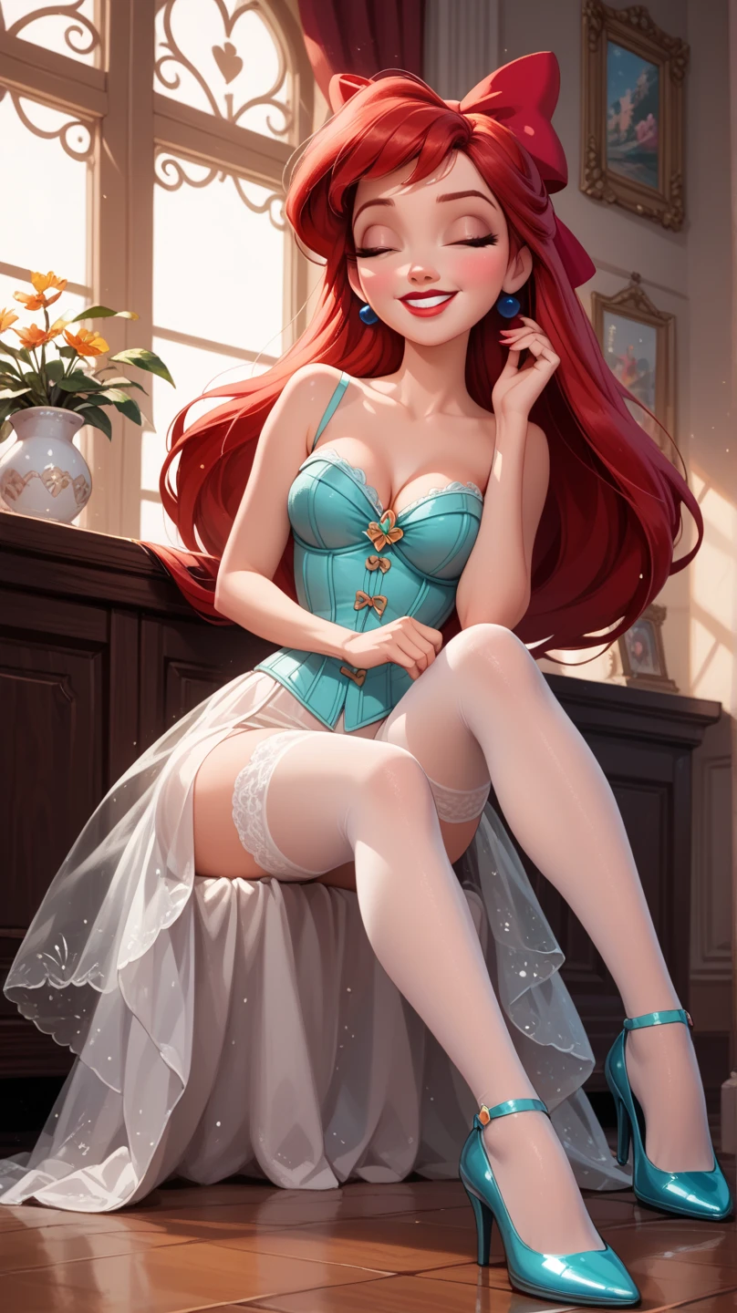 1 girl, , Red hair, Medium Red hair, Medium Blue eyes, hands on sides, blue eyes, rouge cosplay, medium breasts, white gloves, bare shoulders, thigh boots, black rubber bodysuit, white footwear, cleavage, bare shoulders, Smile, room, indoor, window, daylight at the city, Sexy, masterpiece, High quality. High quality. 2D illustration