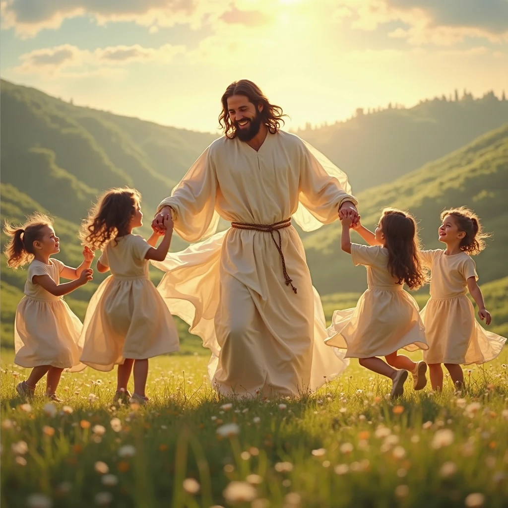  Jesus Christ with a white robe of a saint holding hands with children on the grass. In the background, flashes of light from the Holy Spirit
