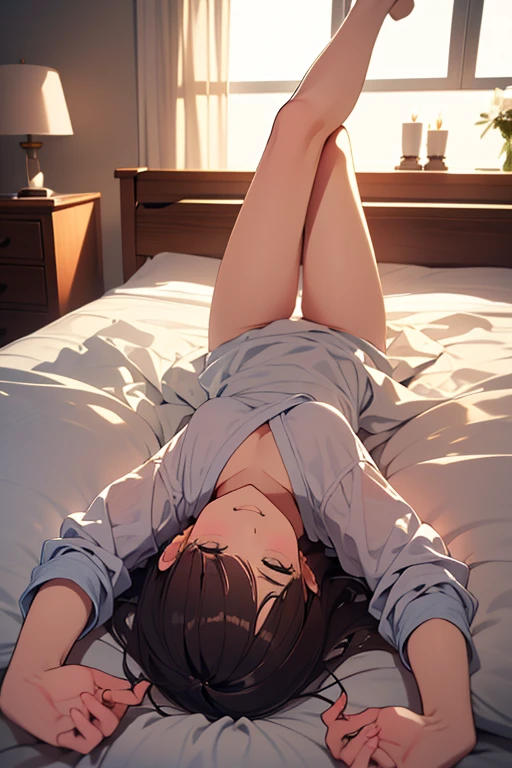masterpiece、top-quality、hight resolution、Brown Shorthair, Open your legs 、((Sleep face up on a futon))、(As if looking up from below)、(Show off white lace panties)、NSFW