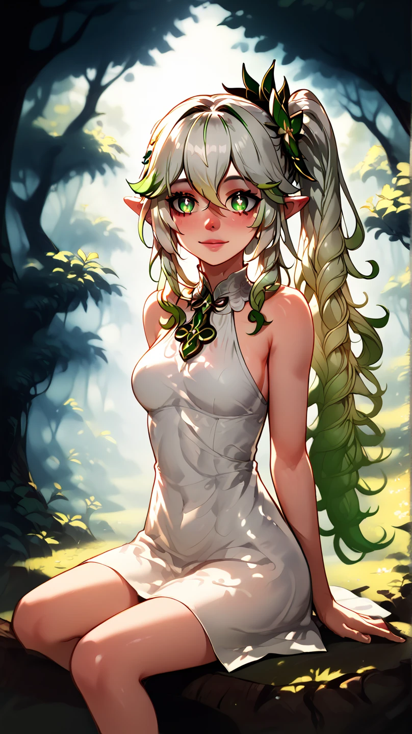 1 albino alien boy, (shapely body), (standing alone), long  white hair, yellow  eyes, has a long, smooth white lizard tail, white elf ears, doesn&#39;t wear clothes, uses only a thong made of leaves to cover her private parts.