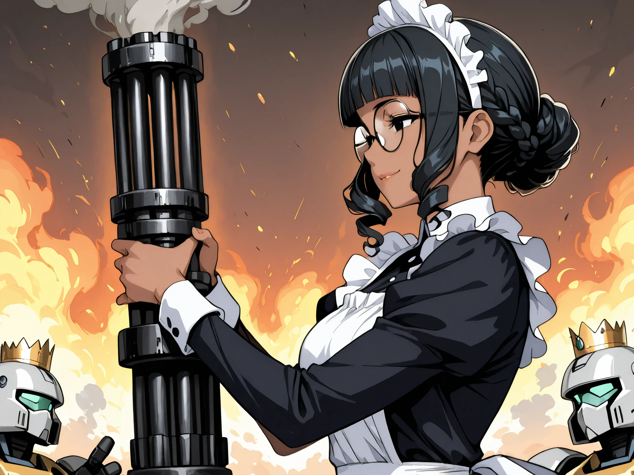 1girl and robot,beautiful girl,adult,18 years old,black eyes,black hair,masterpiece,general,highres, ultra-detailed,very aesthetic,best quality,best hands,best eyes,perfect anatomy,anime coloring,easynegative,dark skin,BREAK,Victorian Maid,sel-frame glasses,round glasses,curly hair,crown braid,blunt bangs,contempt,false smile,holding,gatling gun,shooting,robots,smoke, flame,whole body,full length,from side,