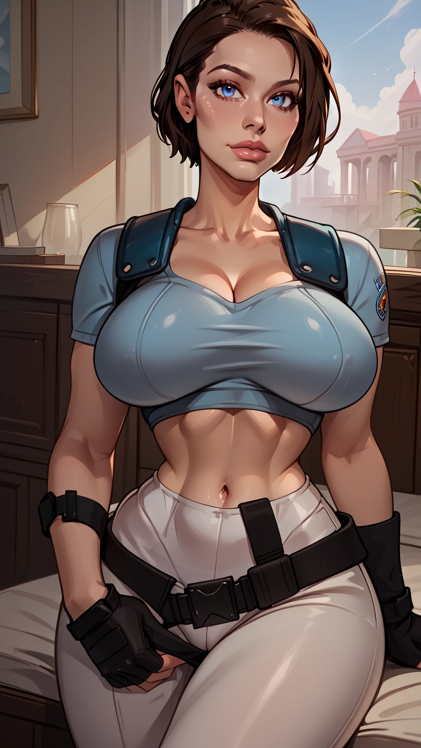 A big, beautiful, and sexy female tank mechanic, exuding confidence and allure amidst the gritty backdrop of a military garage. Standing tall at 6'2" with a voluptuous figure, she's dressed in form-fitting overalls that hug her curves, revealing the strength in her arms and the sultry outline of her body. Her hair, a fiery mane of red curls, is tied back in a loose bun, with a few strands escaping to frame her face, glistening with the sweat of her labor. Her piercing blue eyes sparkle with intelligence and a hint of mischief, as they gaze directly into the camera lens, holding the viewer's attention captive. Her full, pink lips are slightly parted, a playful smirk hinting at the seductive challenge in her demeanor. The setting is a stark contrast to her stunning beauty, with the cold steel of the tank she's working on acting as a backdrop, emphasizing the stark contrast between femininity and power. The tank itself is a beastly machine, half-disassembled and oiled, yet she handles it with the grace of a ballerina. Tools of her trade are scattered around her, each one seemingly an extension of her capable hands. The lighting casts dramatic shadows across her body, highlighting her toned physique and the intricate tattoos snaking down her arms. The scene is lit with a warm, ambient glow from the overhead lights, giving the image a sense of intimacy amidst the industrial setting. Her posture is relaxed yet commanding, one hand casually resting on the tank's turret, the