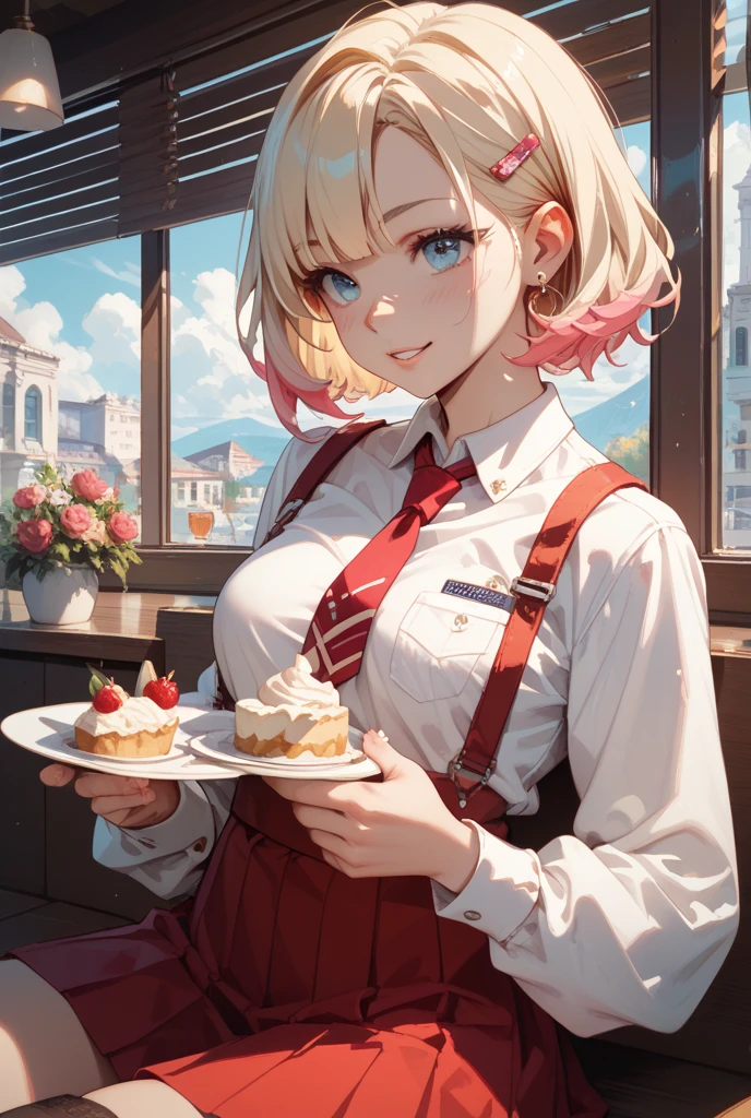 (dynamic angle:1.3, front view:1.1, breast focus:1.3, from above:1.1), (dynamic posing:1.2, sexy posing:1.2), (seductive smiling:1.3), ((looking at cake,Taking a cake out of the golden oven, worried about the outcome:1.2)),highest quality、(real、photorealistic:1.4),(ultra high resolution, 8K RAW photo, clear focus), best qualtiy, natural lighting, field depth, (Bright pupils, detailed beautiful eyes, high detailed face), Red lip, (tight focus:1.2), a girl 22yo old, Wearing a pastry chef uniform:1.3 , Thicc, thin breast, long hair, blue eyes,garter stocking, cleavage:1.2, midriff, black shorts, black thighhighs, thigh strap, pretty girl, (highly detailed beautiful face and eyes,firm breasts),real skin,((black,hair,long pony tail hair)),thin pubic hair,cute,lovely, detailed eyes,(double breasted:1.0,under bust:1.0),(with sparkling eyes and a contagious smile),open mouth, Looking at Viewer,A scene of cooking in the kitchen,looking at the golden oven