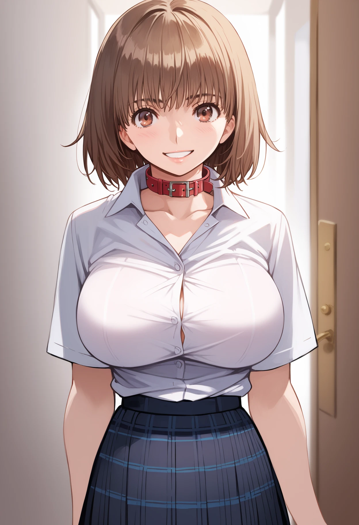 One Woman,Ada wong, Red collared shirt,Cleavage,Black pants,Provocative smile,popped collar, High collar, sexly,upturned collar, blush,Covered in sweat,Put your hands behind your head,