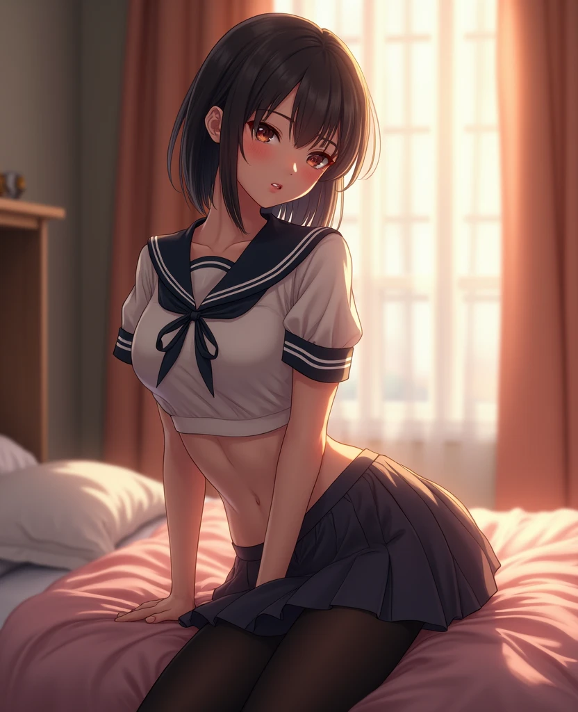 ((Hair Bun)), bed, bed room, (Sit on the bed), (((((night))))), (((((Dark Room))))), Teenage Girl, One Girl, Thighs, (Wish), (Wet Skin), (Wet clothes), ((erotic)), ((Sensual)), (Background wall), (Simple Background), (Close-up of a girl), Beautiful detail body, Beautiful sparkle, Cinema Lighting, 4K Illustration, masterpiece, highest quality, top artists, By famous artists, By plo artist, (((Expressionless))), ((((Sports uniforms)))), (((Sports bras and bloomers))), (((Formal sports equipment))), (((Formal sports bloomers))), ((Realistic glossy skin texture)), ((Wet skin)), ((Glowing Skin)), (((Kneel))), (((Leaning forward))), (((Sculpture Pose))),
