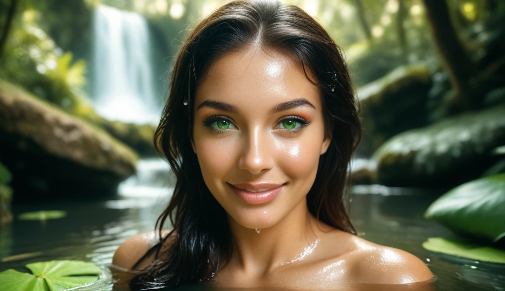A beautiful woman, her shimmering reflection in the undulating surface of an emerald lake, captured in realistic, detailed portraits, the gentle curve of her smile reflected in the water, she said, her eyes sparkling like diamonds.