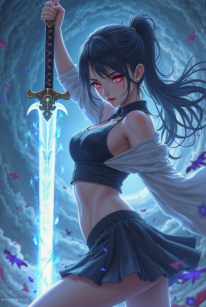 (Best Quality, 8K, Masterpiece: 1.2, Photorealistic: 1.37).a very shy magical beautiful girl with long dark black hair, piercing blue eyes. Dressed as an erotic ninja in miniskirt, wielding a magic sword, scary diabolical world, (EXTREMELY HUGE BREASTS), wide neckline, image of a full-body woman..Description of extreme details, vivid and intense colors, vibrant colors, bright eye,image 3D,breasts 3D,((mejor calidad)), ((obra maestra)), (detallado), ((alta resolución)), photorealistic, hyperrealistic, 8k, highly detailed