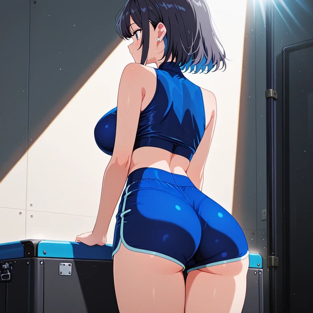 {masterpiece}、nsfw、1 female(Thick thighs、Big Ass、(Flat chest:1.5)、Black hair mixed with blue、(Bob Hair:1.2)、Purple eyes、22 years old、(older sister:1.4)、Looks sleepy、(Blue Bunny Girl:1.6)、(Black tights:1.5)、Red cheeks、tears、Embarrassing、Leaning forward、(Stick your ass out:1.4)、Big butt)、whole body、(Accentuate your buttocks:1.7)、(View from behind:1.5)、Billiards、queue
