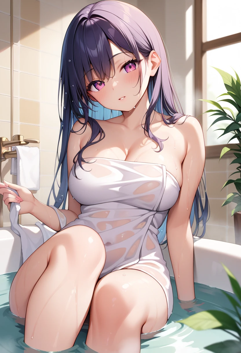 Highest quality、Masterpiece、Super detailed、8k、4K、1 girl、Black Hair、Garnet Eyes、Soft long hair、Bath time、Take a bath、Big Tits、Cleavage、naked、Bubble、night、Moonlight、Wet