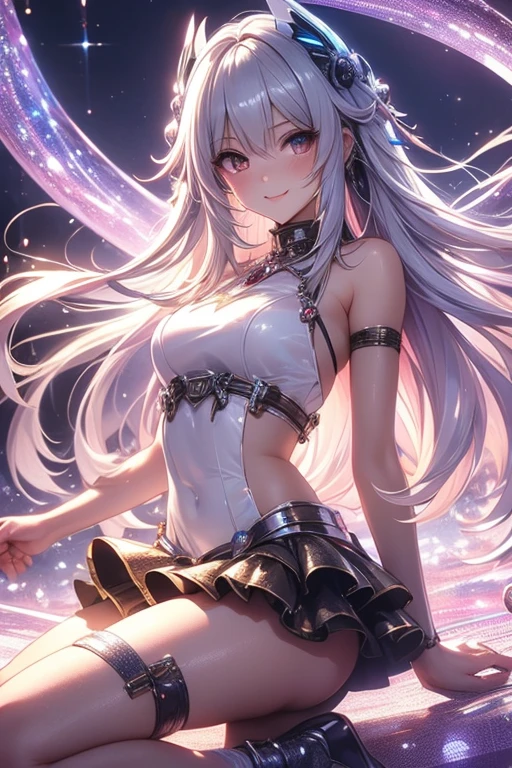 actual, 1 girl, white hair, purple eyes, glowing eyes, under crop, arms up, sweet armpits, skirt, open lips, blush, night, in center of big road