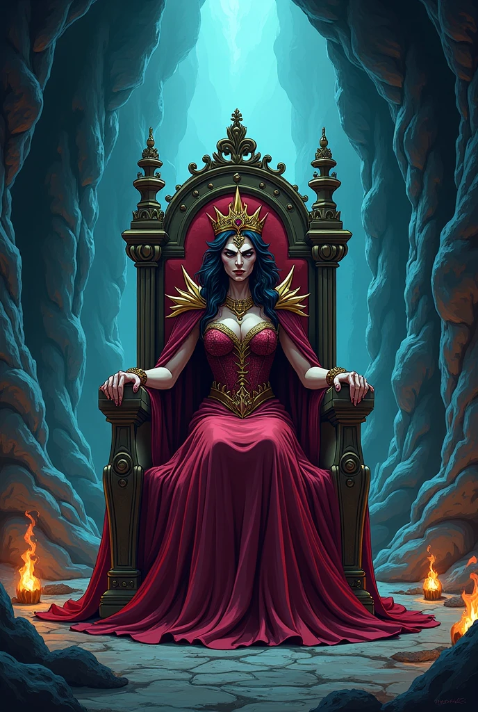 The princesse of hell full caftan outfit sitting on hier throne