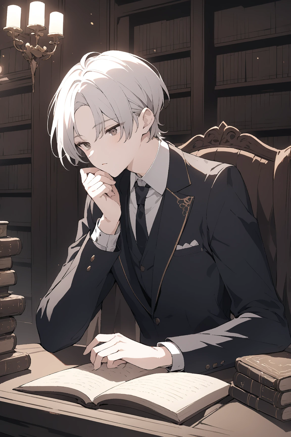 The man behind the scenes ,Looks mysterious , Black-gray tone , sitting on a chair , The puppeteer's hands have thread.
