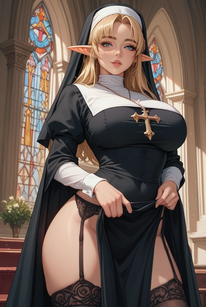 Billie Eilish, (masterpiece quality, (masterpiece quality:1.3), realistic, (realistic:1.3), 1girl, (1girl:1.9), solo, (solo:1.9), in a German village, German houses in background, wearing nun outfit, (nun outfit:1.5), small breasts, (small breasts:1.5), thin body,