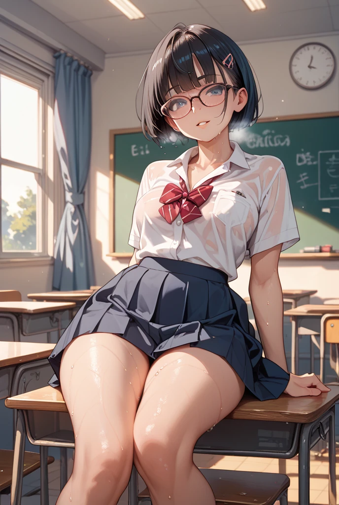 nsfw,((perfect anatomy:1.3,realistic:1.3,RAW Photography:1.3,masterpiece、highest quality、Ultra - High resolution、High resolution、Highly detailed CG、8K)),cowboy shot,1 female,solo,18 year old beauty, Japanese、((beautiful detailed face and eyes:1.2,big gorgeous eyes:1.2,black rim glasses))、black hair,short bob hair,(center parted hair:1.4,forehead),medium breasts,slender body,small head:1.3,skinny,(oily skin,gleaming skin,shiny skin,sweat:1.5),(Student uniform、sailor suit、short sleeve、Black sailor collar、Red neckerchief,pleated mini skirt、white panties、love juice、bare legs),sitting,spread legs:1.59、classroomの床、classroom、