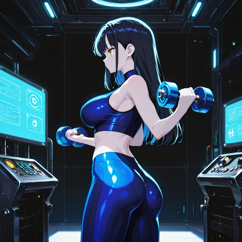 1girl, blonde hair, short hair, very short hair, blue eyes, shoes, sneakers, science-fiction, tech, futuristic, neon, machinery, neon trim, bikini, white bikini, blue neon trim, blue trim, large breasts, breasts, thick thighs, wide hips, smirk, smug, smile,