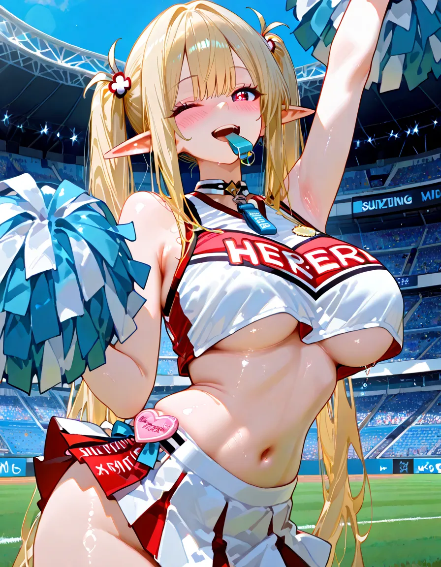 masterpiece,best quality,high resolution,(((1girl))),(nsfw:1.2),((cheerleader:1.4)),(girl wave 2 cheer pompons:1.2),(cheering:1.1),(show off nipples),(elf:1.2),(silver hair:1.2),(twintails:1.2),(light blue eyes),(under boob:1.3),crop top,(micro skirt, vagina),blush cheeks, arched back,(loli face and big boobs:1.3),(diminutive:1.4),(pov:1.5),(cum in pussy:1.4),BREAK,(1boy and 1girl,having sex),(girl on top,straddling:1.4),(1boy),(large penis:1.2),BREAK,(female orgasm:1.3),(heavy breathing),(sweaty:1.2),(open mouth, saliva:1.2),outdoor