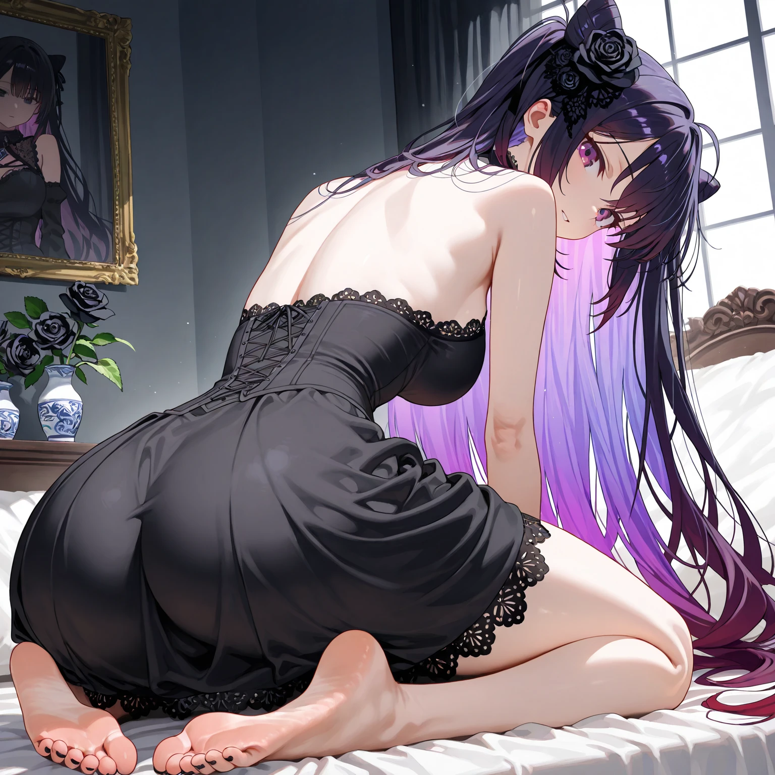 NSFW,masterpiece,Highest quality,High resolution,Super detailed,Fern\(Funeral of Frieren\),Purple eyes,Purple Hair,Long Hair,(High-quality see-through negligee),Embarrassed,blush,expectant face,Inn at night,bedroom,(Young men),A man puts his hands on her waist and hugs her,Put your hands inside your clothes,Circling the body,From the side