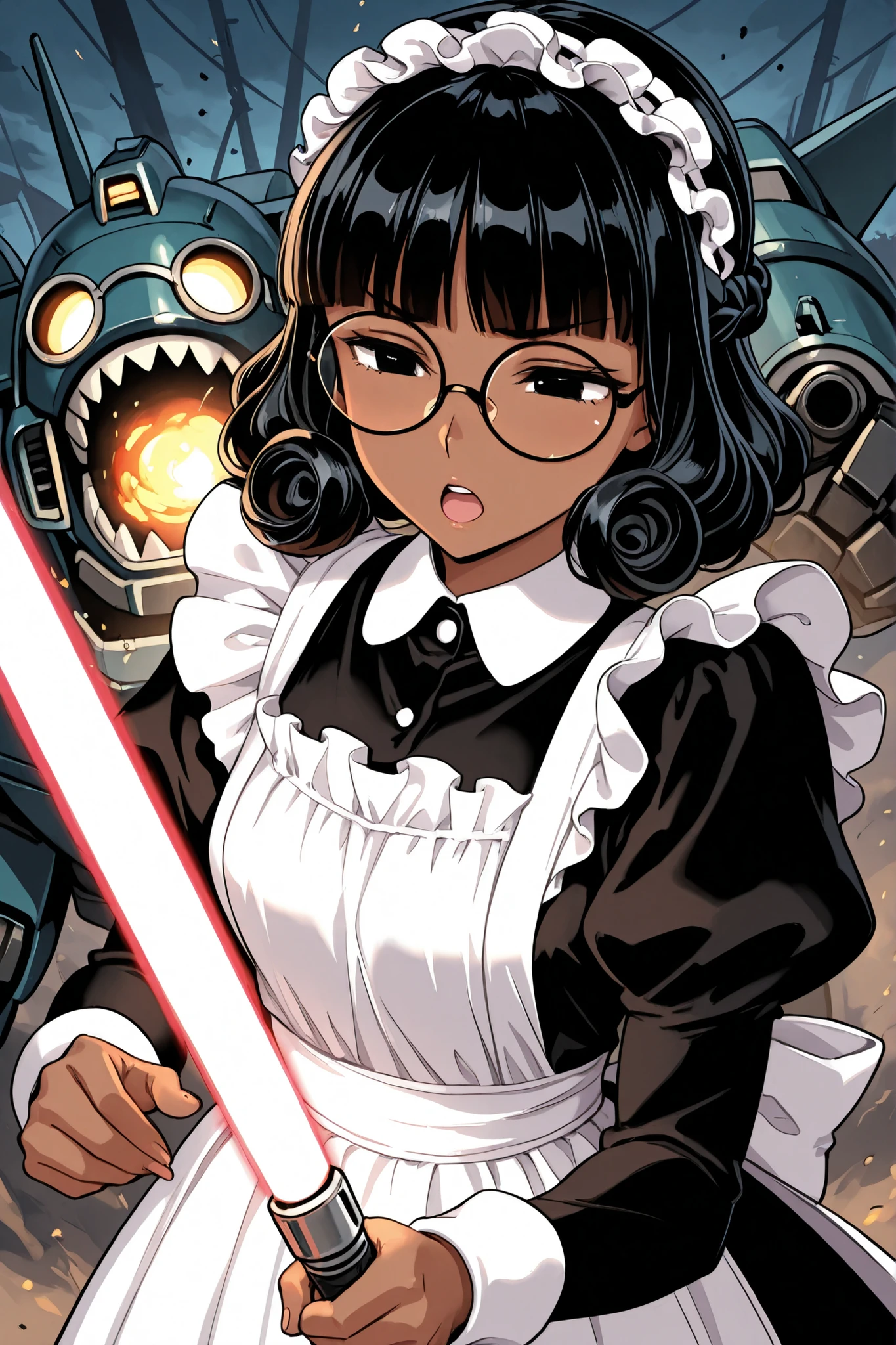 1 girl and robot, solo,beautiful girl,adult,18 years old,black eyes,narrow eyes,black hair,masterpiece,general,highres, ultra-detailed,very aesthetic,best quality,best hands,best eyes,perfect anatomy,anime coloring,easynegative,dark skin,BREAK,Victorian Maid,sel-frame glasses,round glasses,curly hair,crown braid,blunt bangs,joyful,open mouth,holding,lightsaber,battle,action,enemy giant robot,