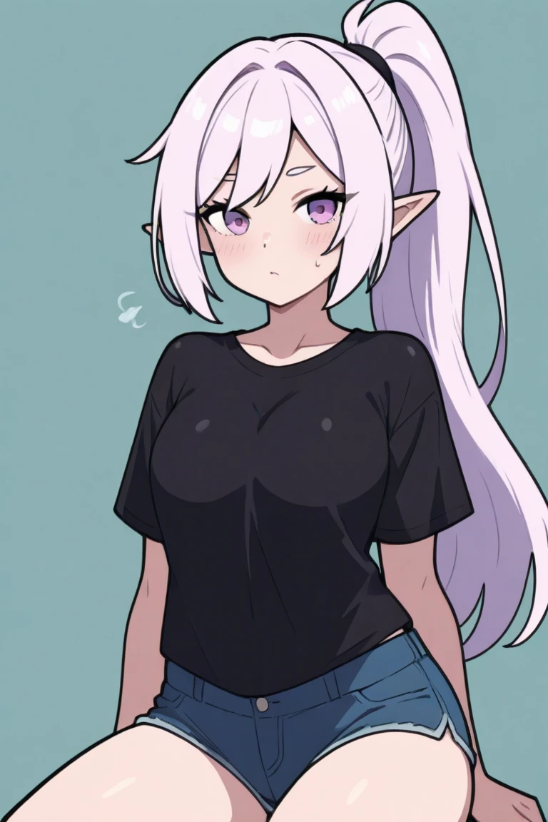 kuroeda, long hair, hairband, dark skin, dark-skinned female, white hair, (red eyes:1.3), (forehead:1.2), elf, pointy ears, chubby butt, sexy chubby, fullbody portrait
