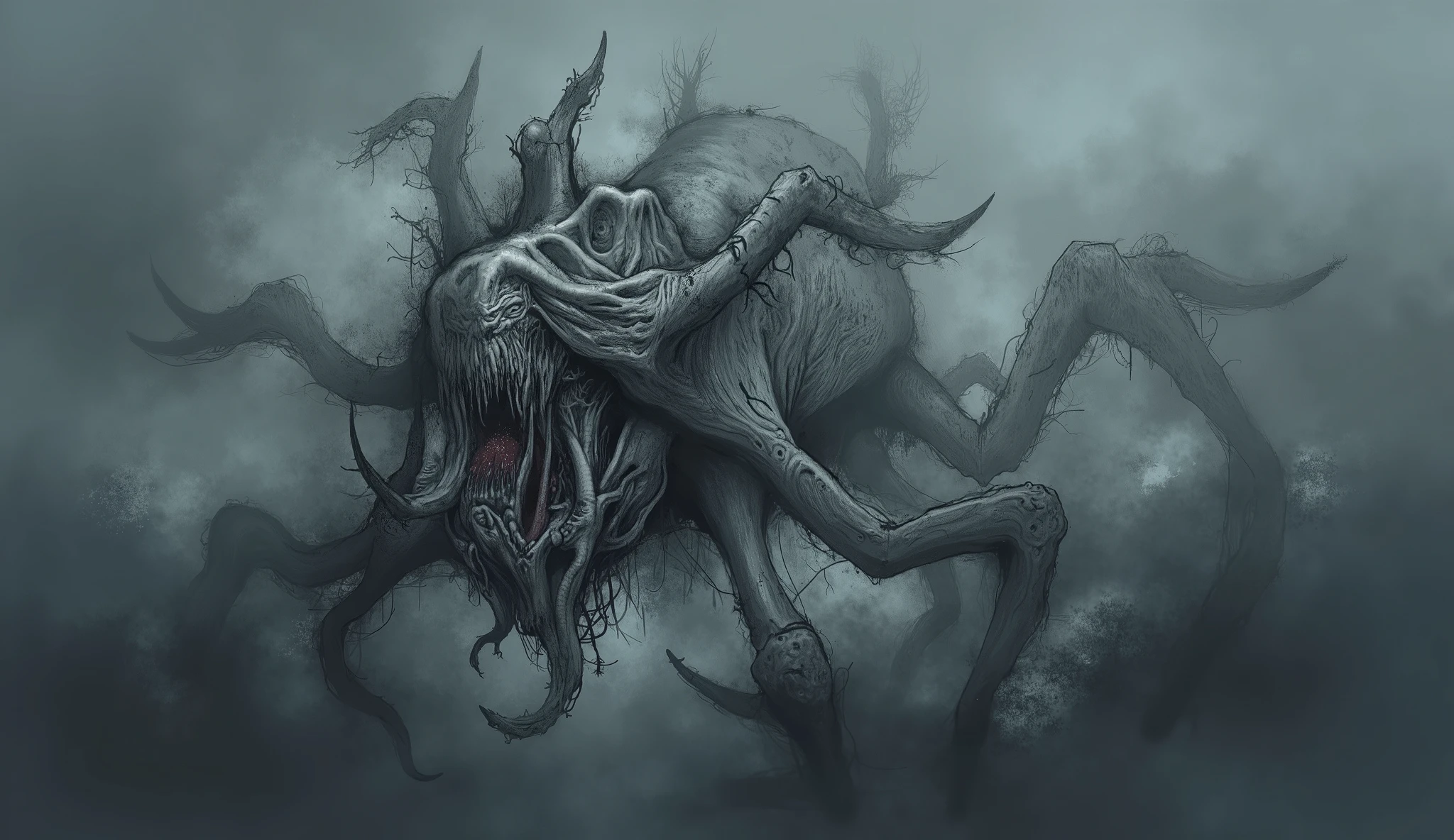 Eldritch entity, distorted face, tentacles coming out of the eyes and mouth, biomorphic body, darkness and fog background, high detail, masterpiece.