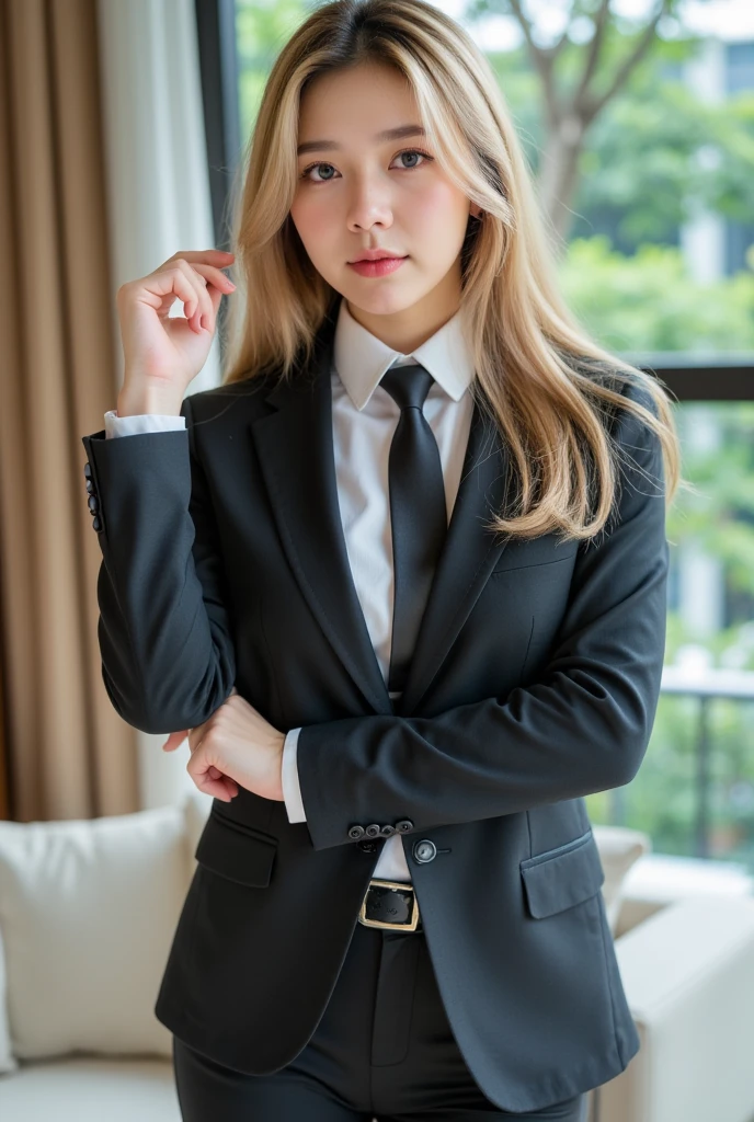 Background Office、big breasts、Best Quality, masutepiece, 超A high resolution, (Photorealistic:1.4), Raw photo, 1girl in, Blonde hair, Blue eyes, Eyes and faces with detailed, Black Suit, (Three-piece suit), Skirt suit, neck tie, Bodycon Mini Skirt, pantyhose, waistcoat, Dynamic lighting, In the Dark, deepshadow, lowkey, Cowboy Shot Full Length Body