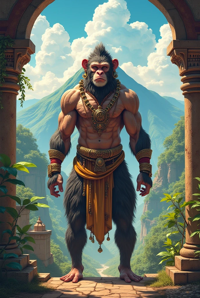 Create a highly detailed image of a powerful, divine monkey warrior resembling Hanuman, sitting proudly on a rocky hilltop amidst a lush, green landscape. The character should have a muscular, anthropomorphic body covered in gray fur, wearing traditional Indian jewelry and a saffron cloth around the waist. He holds an Indian flag, with its colors vivid and flowing in the wind. His face should show a calm yet fierce expression, with sacred markings on the forehead. The background should feature mist-covered mountains and waterfalls under a sky transitioning from dusk to dawn, creating an epic and mythical atmosphere.