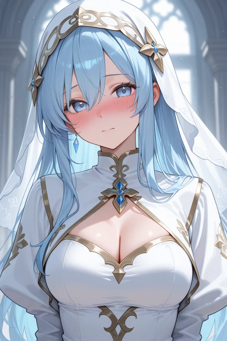 (masterpiece),(best quality),(ultra-detailed),(best illustration),(best shadow),(absurdres),(detailed background),(very aesthetic), chies,one-girl,long light blue hair,Blue pupils,white_veil,Split Sister Dress, white dress, ssmile,Half open eyeeautiful skins,Glowing skin,(Big_chest),moody light,and the sun was shining brightly,8k,hyper-detailing,tmasterpiece, ((big tits))