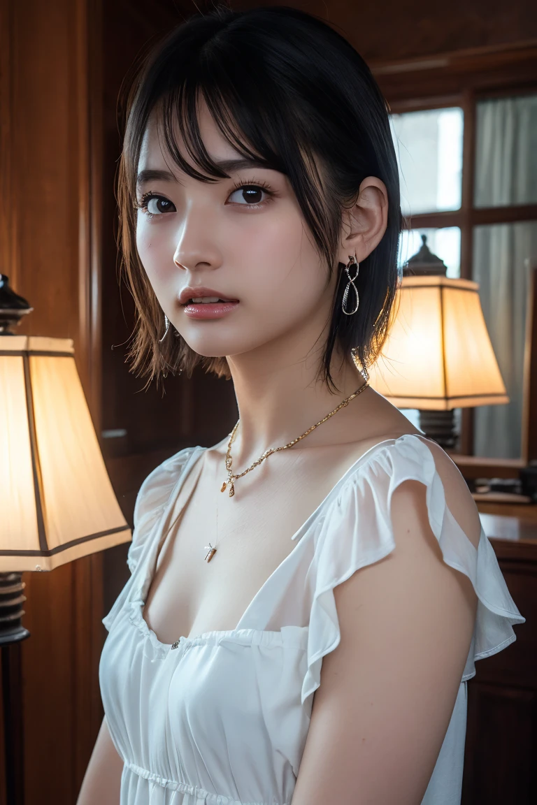 (Highest quality:1.4)，(masterpiece:1.4)，(Realistic:1.4)，(Realistic:1.2)，(超High resolution， RAW Photos:1.4)，(High resolution， Ultra-detailed:1.2)，(8k:1.2)，View your viewers，Cinematic photography，One girl，skeletally correct，Black-haired woman，Woman in her early 20s，(Small earrings，necklace，Floral frill dress)，（Western-style building interior，Dimly lit room，The lamplight shines on my cheeks）