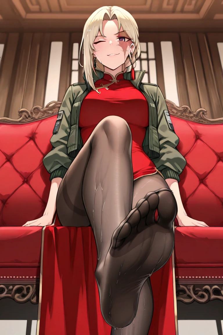 mine same as the original, mine, , (:1.2)
rest, (cheongsam), (view from below), (Put your arms behind your back), (wild lift), thin dress, Crotch cutout,
rest looking at viewer,
rest, Home,
rest (masterpiece:1.2), best quality, high resolution, unified 8k wallpaper, (illustration:0.8), (Beautiful and delicate eyes:1.6), extremely detailed face, perfect lighting, Very detailed cg, (perfect hands, perfect anatomy),soles of feet,sitting,blond,red lips