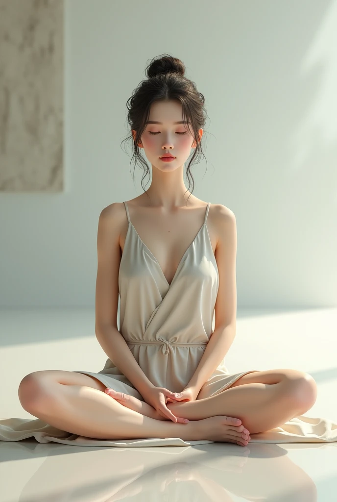 Sexy tantric beauty doing yoga lotus sitting meditation cross-legged on lotus,(complete,Delicate and good-looking face), undress, show her Full breast, show her pussy.
