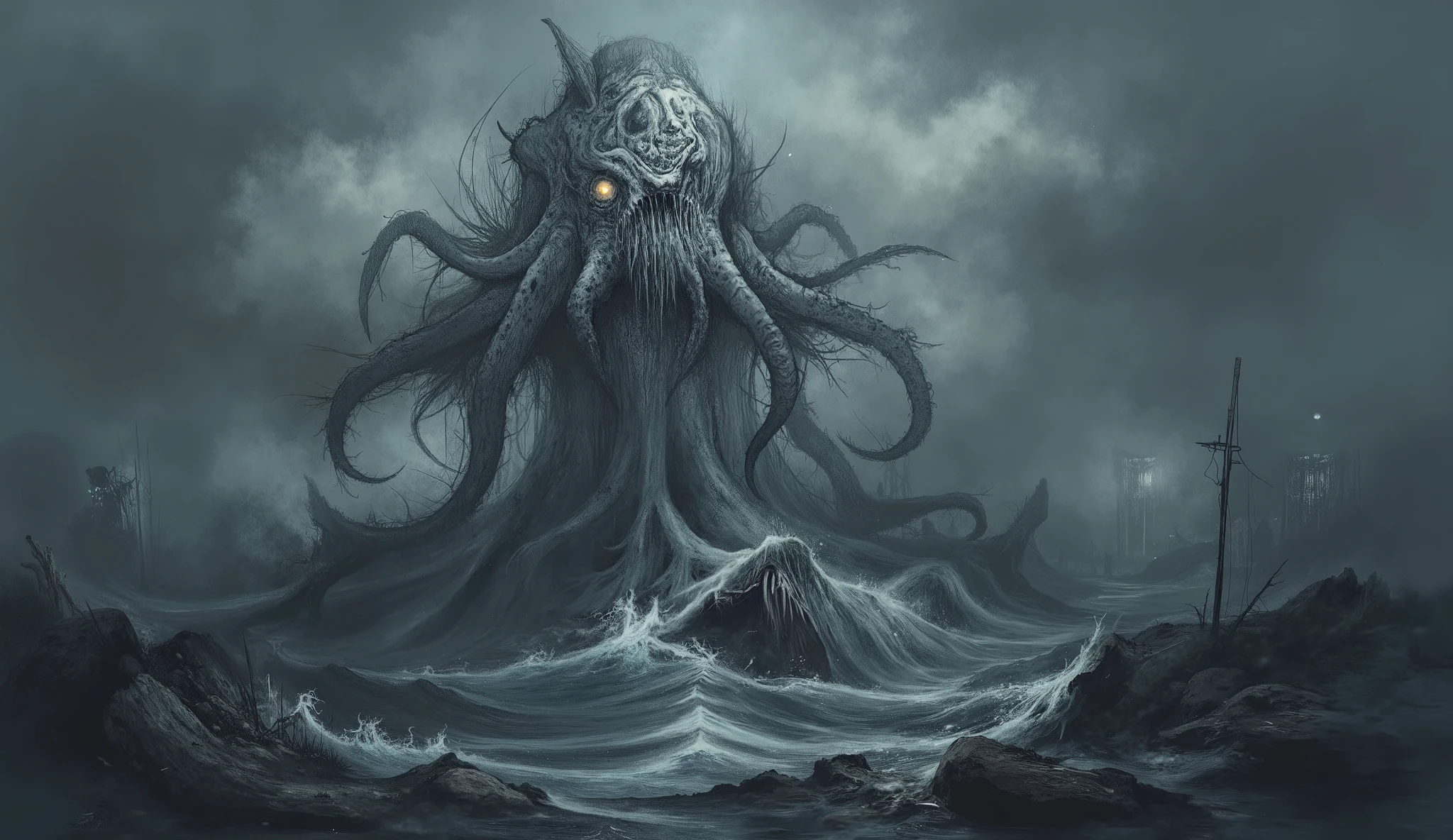 Cthulhu rising from dark waters, darkness and fog background, high detail, masterpiece.