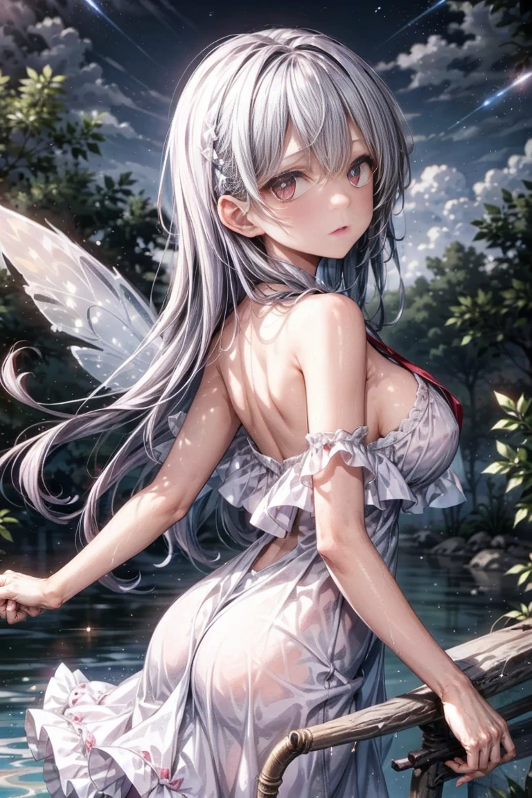 (best quality,highres),cute little innocent pure fairy with transparent wings,white mini dress,sleeping,sad expression,crying,ass view,pussy view,thick thighs,long light blue hair,laying on the grass,laying on belly,not smiling,ultra-detailed,portraits,vivid colors,painting-like,soft lighting, cumshot, dick, penis