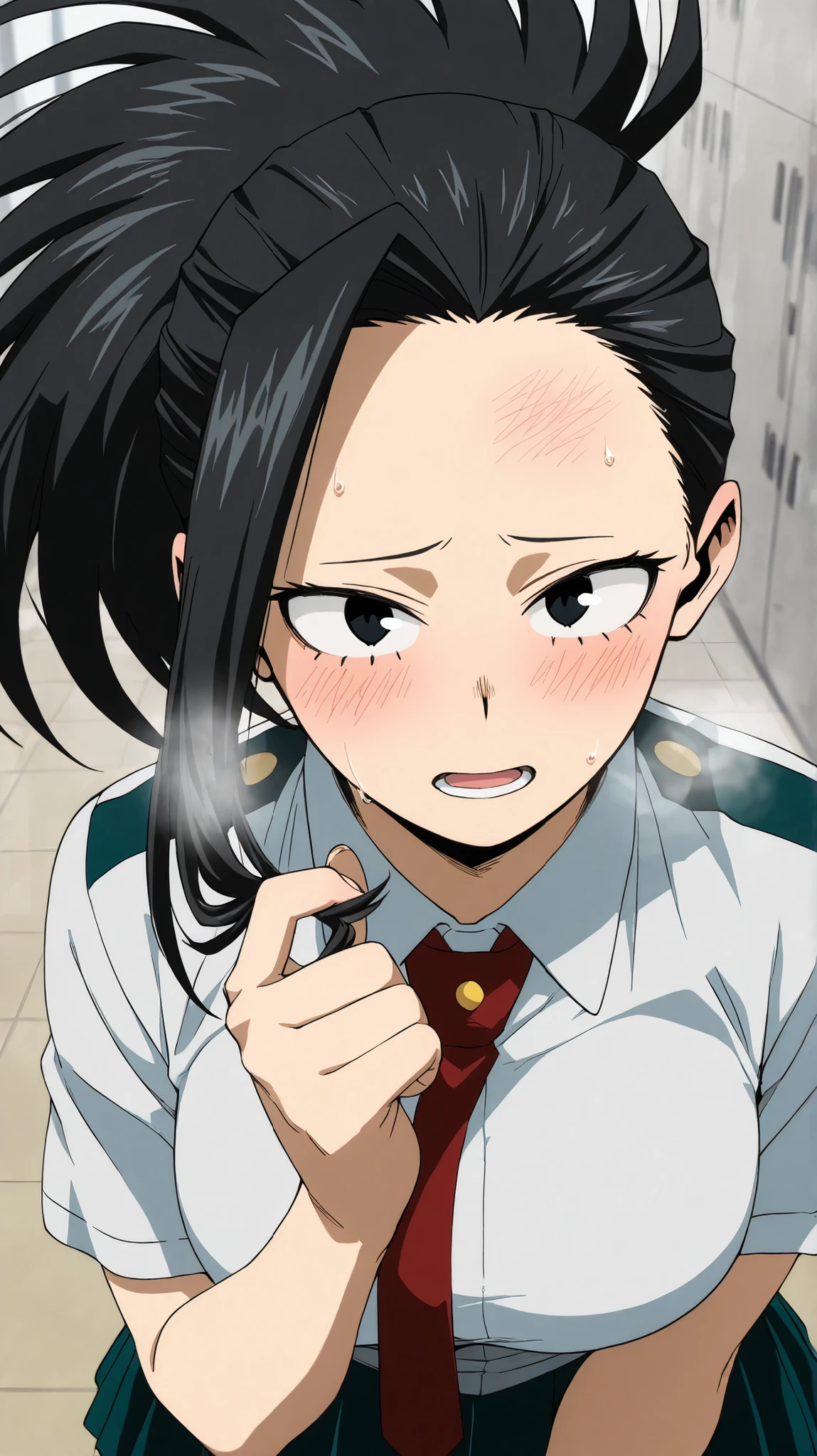 yaoyorozu momo,my hero academia
High quality ,  best quality , masterpiece,  High Resolution , detailed face( LoRA: yaoyorozu),anatomically correct, detailed hair Style( LoRA: yaoyorozu),anime Coloring
solo, 1 girl
, long hair, bangs, black hair, ponytail, black eyes, high ponytail, wide ponytail,,
, school uniform, White collar shirt, green skirt, Red tie
looking at viewer ,close up,
,,training room
,shy,blush,open mouth, embarrassed, Exhalation, rough breathing
, Sweat on the forehead, twirling bangs