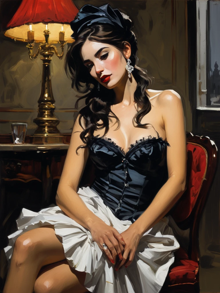 Sitting, legs crossed. ((ultra realistic illustration:1.3)),  Beautiful 24 yo woman of Irish descent. athletic figure,(pale:1.4)complexion. raven black hair, green eyes, cute butt, nice legs. Kind eyes,(joy:1.3),(smile:1.2). Sunglasses, Red lipstick, sheer lace top, skirt, high heels. Flirty. Masterpiece, (highly detailed:1.2),(detailed face and eyes:1.2), 8k wallpaper, Moody lighting. core shadows, high contrast, bokeh.

