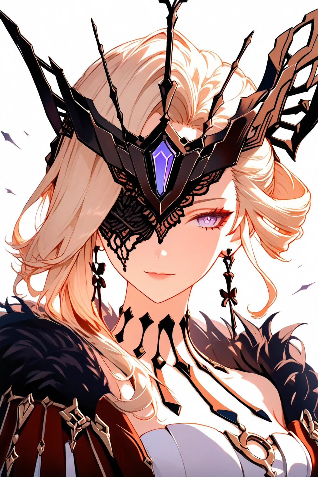 1 girl, mature woman, medium breast, black mask on face, eye covered, blue eyes, blond hair, long hair, earrings, black elbow gloves, dress, fur trim, black fur, red lips