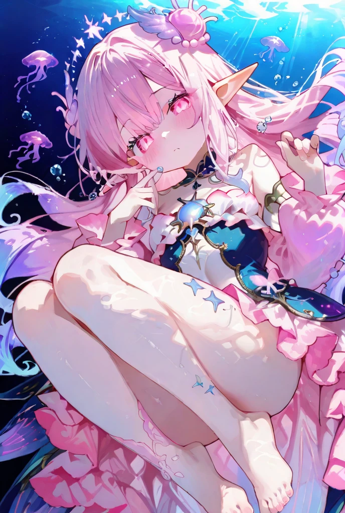 ((Elf girl)),((wavy hair, pink hair color, pale skin),(((light blue eyes))),, warm light,( 16 years old),busty,Glamour,Gorgeous,monochromes,erotic posing,Dynamic Posing,Arrange Pose,Dramatic,Cinematic,Detailed background, Dynamic Angle,From the angle of the film,Gothic background, Dark fantastic view,Best Quality,masutepiece,8K,The ultimate detailed dark background, Top image quality、RAW photography、超A high resolution,cropped shoulders, overall look is very erotic、Shot for one person only, model shoot, Large round chest, Beautiful Eyes of Details、Very slender eyes、Beautiful eyelashes、Very slim physique, with blush cheeks,Pearl Beaded Bralet bralette of transparent glass, ((pearl glass top)), ((bra of clear glass)), glass underwear