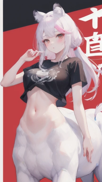 (best quality, masterpiece), 1 girl, centaur, It takes, White skin, Korean ,daughter, black pink,Smiling, exposing the abdomen, belly button t-shirt , 아름다운 소녀 perfect white tiger photo, perfect white tiger photo