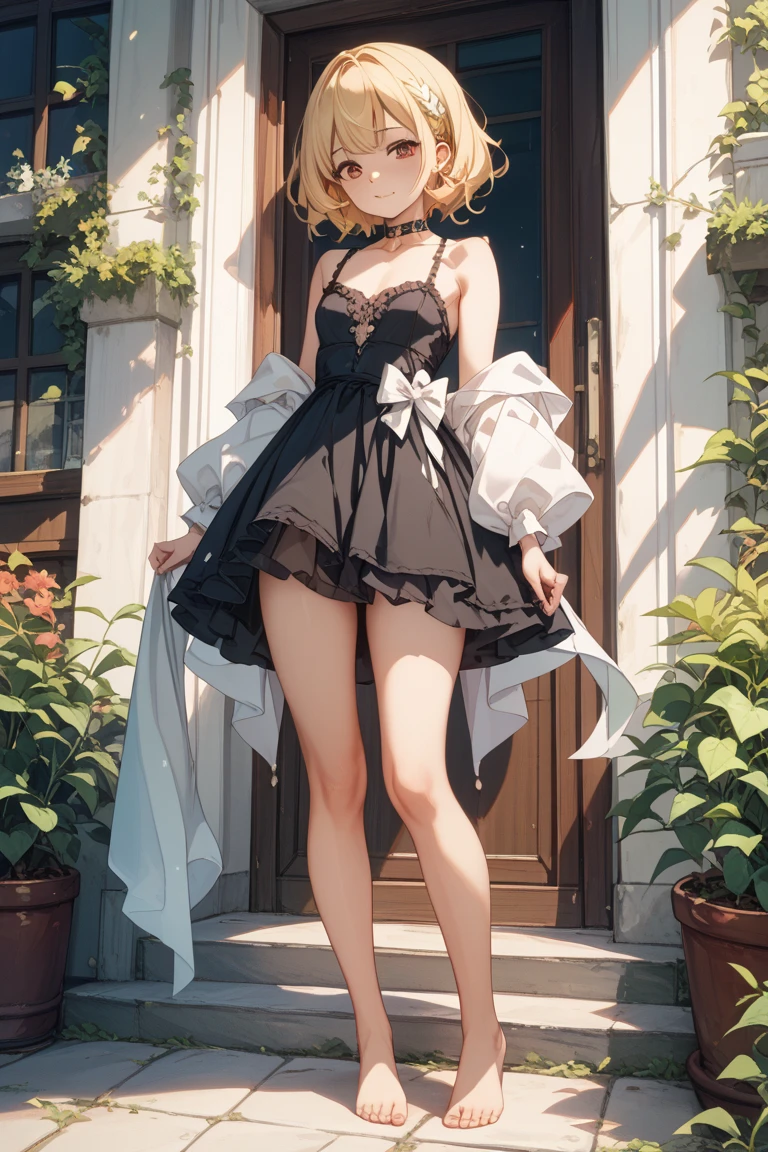 ((Masterpiece)), (Best Quality), Amelia Watson, amelia_casual, frilled shirt, collarbone, black skirt, pantyhose, (NSFW: 1.5), full body, solo