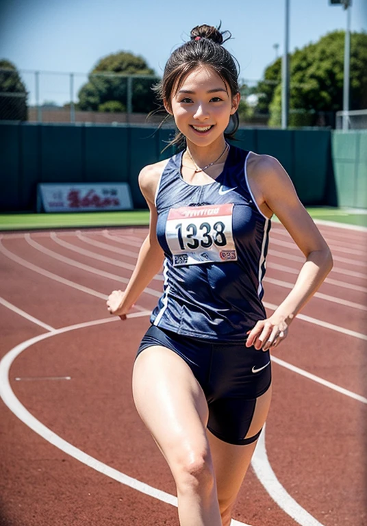 extremely detailed CG unity 8k wallpaper, best quality, ultra-detailed, masterpiece, realistic, photo realistic, extremely detailed cute girl, 25years old, (wearing Track and Field Uniforms), (race bib), smile , belly button, Half body shot , track-and-field arena , (get sweaty) , hold up knee