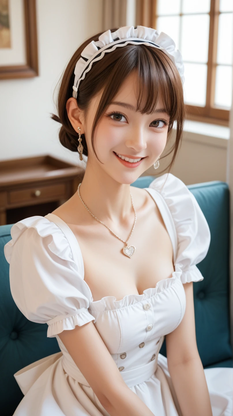 A beautiful Japanese shy girl, 18 years old, short brown hair, brown big eyes, shiny lip, shiny hair, ecstatic expression, in cafe, in front of huge window, light shine in, The background is very blurry, wearing Off Shoulder Multi-Layer Ruffle Halter Neck Dress, wearing neckless,