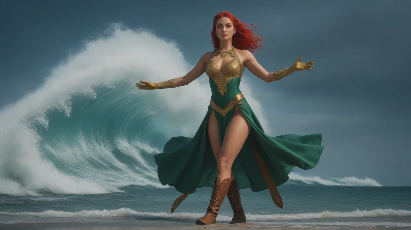 masterpiece, best quality, boots, gloves, pants, secret spy, looking at viewer, green hair, high leg, wavy hair, green eyes, muscular, She weak, she   chained to a column, she  standing and chain, she   being humiliated, a crowd looks at her, ancient coliseum,big chest, she  suffering in pain,(solo), detailed face, age 32, no spots,