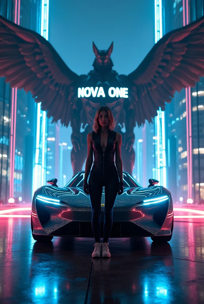 At night, dark sky, distant shot aerial view of fantasy cyberpunk style ice ((Moai-statue)) city, ((flying car)). ((1girl, solo, alone)), medium-breast:1.1 slim body, cleavage, sexy clothes, (headphone, black sunglasses, long black realistic hair), (((hip-up standing and holding pistol))), (((((half-body thigh level medium shot))))), cinematic lighting, lens flare, ray tracing.