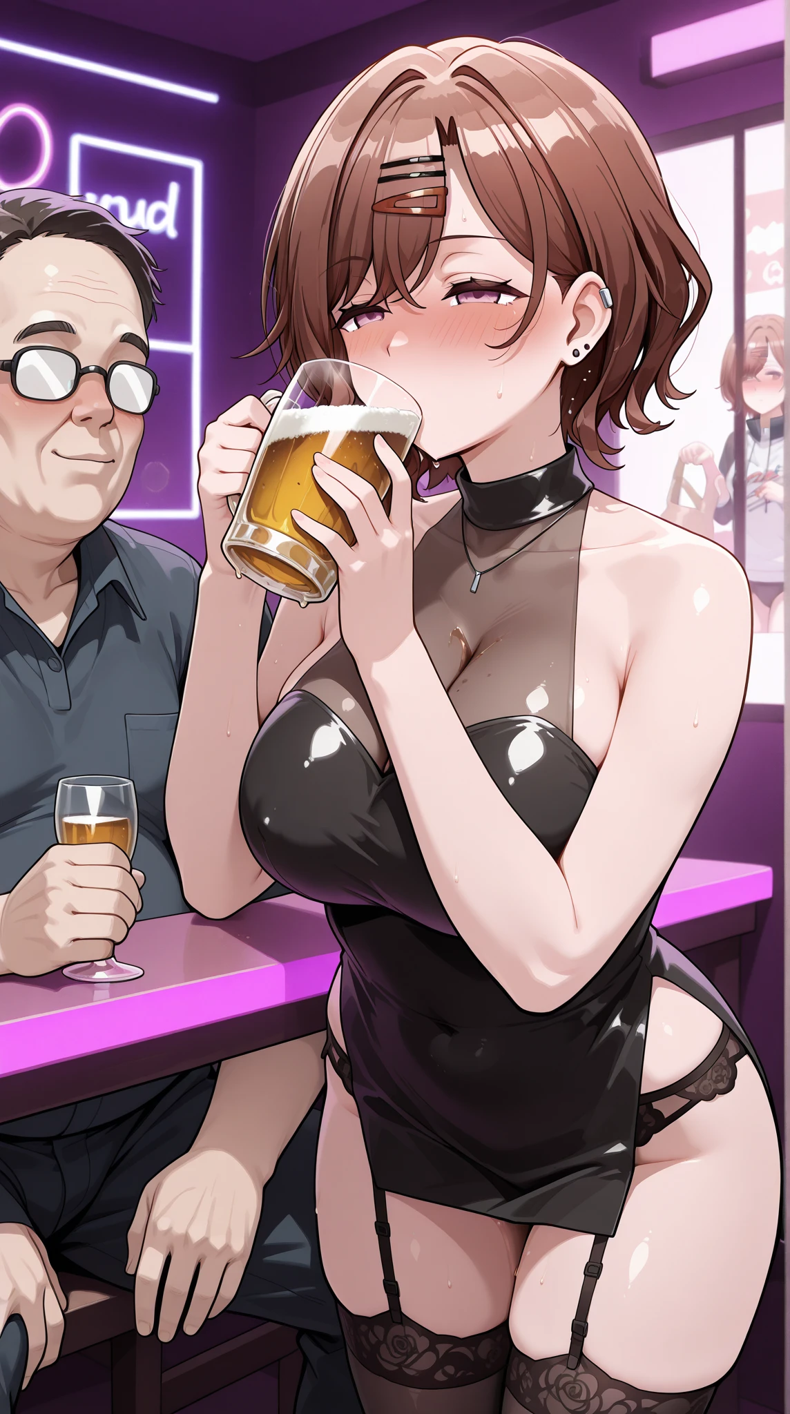 1girl,girl holding boy's penis,handjob,girl squatting on floor,black hair,woman focus,tongue out,sweaty,from side,crazy smile,bukkake on face,patterned shirt,denim pants,at nightclub,excessive cum,detailed skin,armpit hair,short hair,