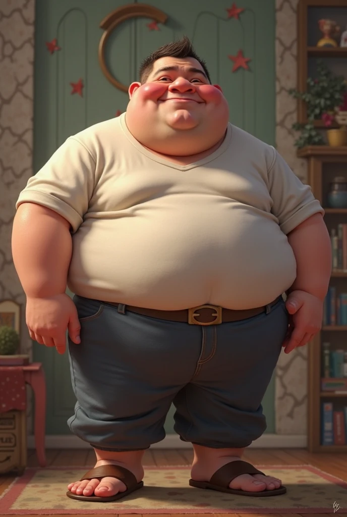 shirtless fat man wearing a diaper carrying a baby in his arms, baby room background